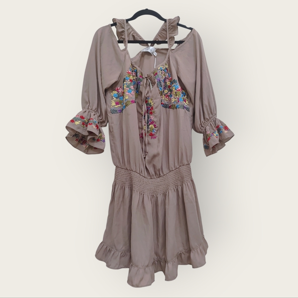 Vava by Joy Han Tan Dress with Colorful Embroidery